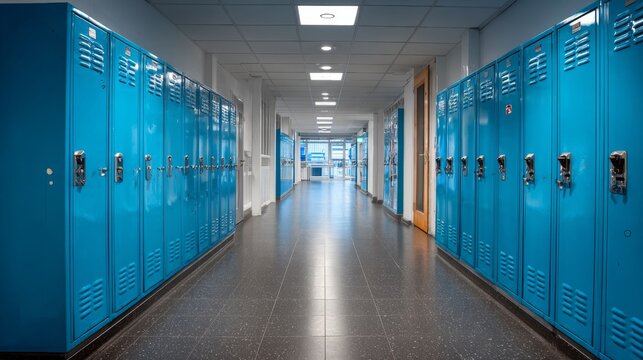 Modern school hallway interior with row of blue lockers and clean corridor design, educational building architecture background for student campus life, academic environment and back to school concept