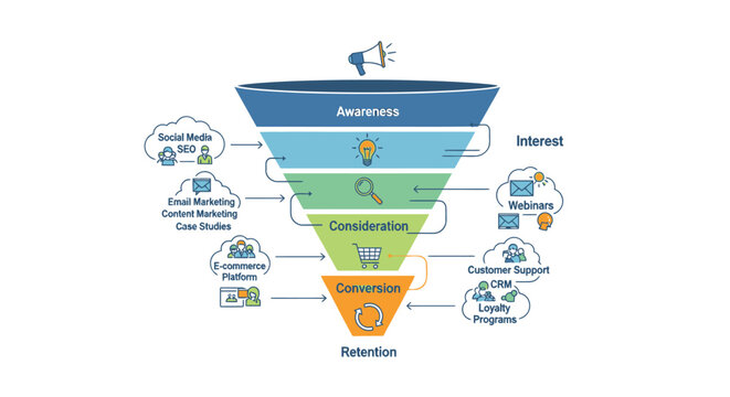 Marketing funnel stages from awareness to retention with conversion process