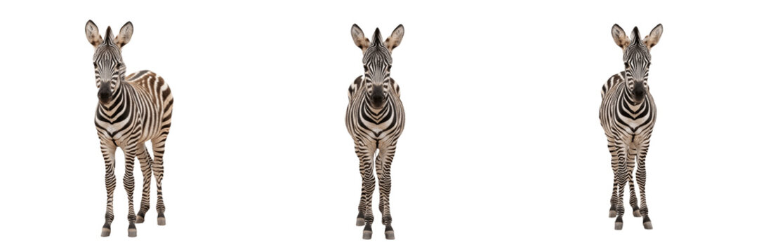 Set and collection of single zebra standing side view isolated on white transparent png background