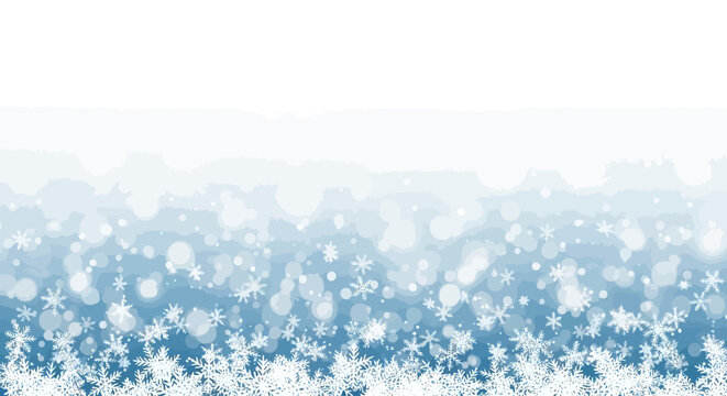 Winter background with white falling snowflakes and bokeh lights on blue gradient