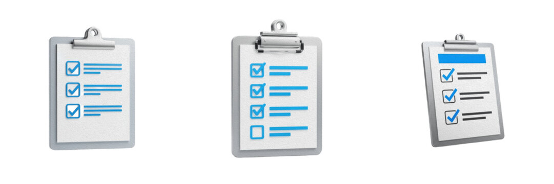 Set and collection of checklist document on blue clipboard icon isolated on white transparent png background