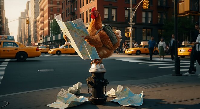 Curious Brown Chicken Reading Map on Fire Hydrant in Busy City Street