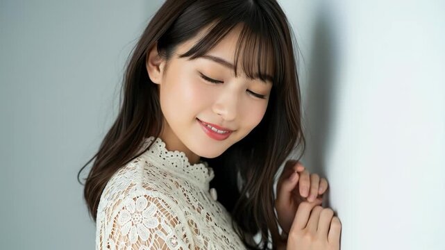 白レースのトップスで壁に寄りかかる笑顔の女性