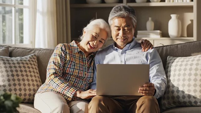 Elderly couple using laptop on couch perfect for IT presentations and tech marketing