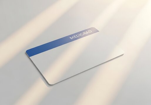 Blank plastic medical id card with blue stripe under cinematic sunlight for insurance identity verification and access