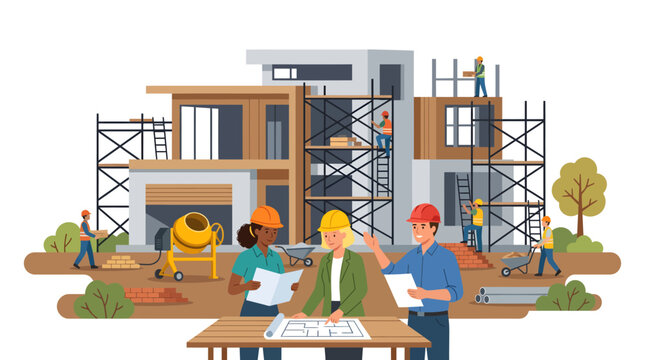 Construction workers and architects planning a modern house with scaffolding and a cement mixer