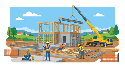 Fototapeta premium Team of construction workers actively building a new house, illustrating the entire process from laying the foundation to framing and material lifting.