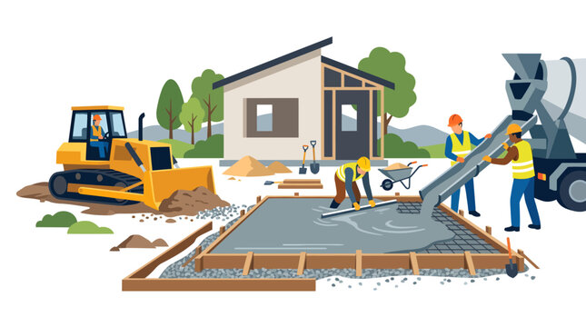 House construction: workers pouring concrete for foundation, bulldozer moving earth, cement mixer truck delivers materials. Building new home concept.