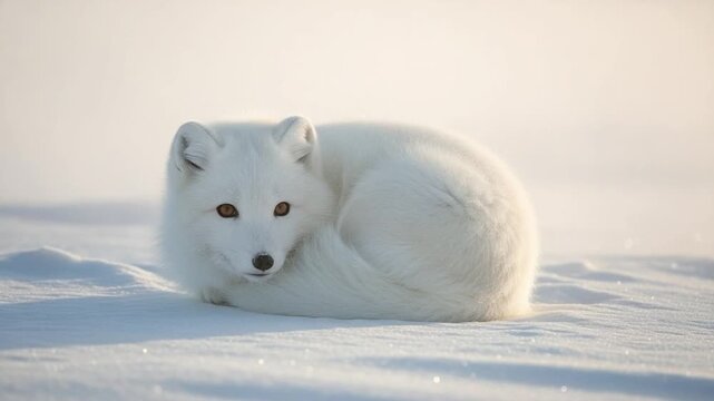 Arctic Fox Resting in Snowy Tundra Landscape, Close-up Portrait of Wild White Fox in Winter Habitat, Concept of Wildlife Conservation and Cold Climate Adaptation