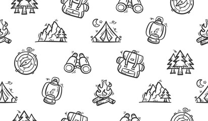 Camping doodle background. Hiking gears pattern background. Adventure seamless pattern. Camping tools hand drawn vector with pine tree, backpack, compass, campfire, tent, lantern, mountain, binoculars © Dean