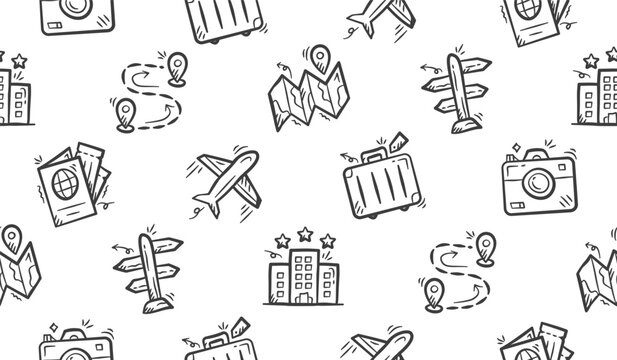 Travel doodle background. Cute vacation seamless pattern. Trip pattern background. Tourism hand drawn seamless pattern with plane, fly, ticket, flight, boarding pass, passport, map, hotel, luggage.