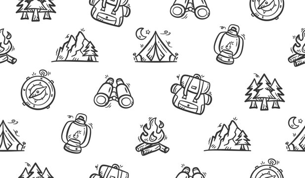 Camping doodle background. Hiking gears pattern background. Adventure seamless pattern. Camping tools hand drawn vector with pine tree, backpack, compass, campfire, tent, lantern, mountain, binoculars
