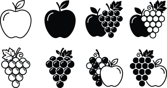 Black fruit icons, apple and grape silhouettes, vector graphics set