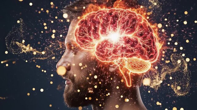 Man with glowing brain illustration ideal for creative backgrounds and modern web design