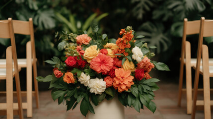 Fototapeta premium Flower arrangement bouquet floral centerpiece orange flower red rose yellow rose white flower green leaf pride month lgbtq+ celebration with