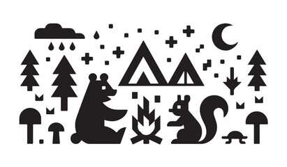 Camping scene with bear and squirrel woodland animals and tent forest icons black silhouette. © MD.RAHIM