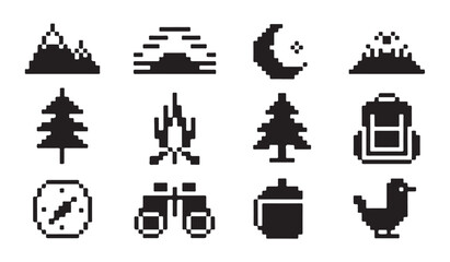 Outdoor adventure set with pixel art icons of mountains tent campfire trees binoculars compass. © MD.RAHIM