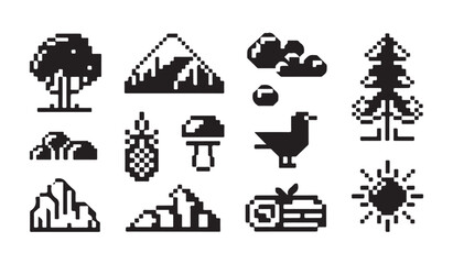 Naklejka premium Pixel art nature icon set including trees mountains clouds and sun for game design projects.