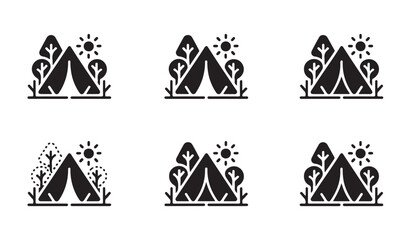 Camping tent in forest with sun icon set showing diverse landscape variations for travel map. © MD.RAHIM
