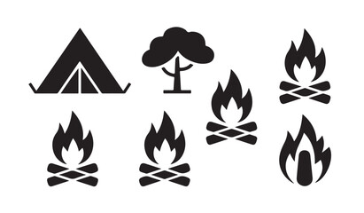 Campfire icons and forest tent symbol set for woodcraft and survival outdoor adventure theme. © MD.RAHIM