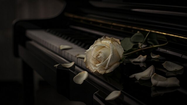 withered. A withered white rose rests on a black grand piano with scattered petals. event programs, museum guides, designed for cultural heritage projects and event programs, used by store managers.