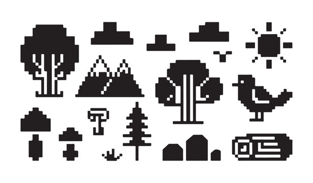 Minimalist pixelated nature elements featuring trees mountains and birds for retro gaming style.