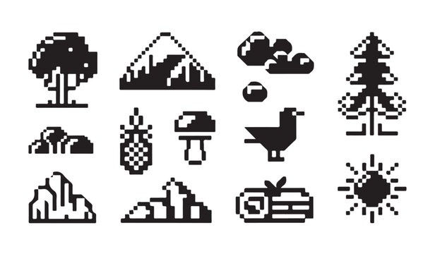 Pixel art nature icon set including trees mountains clouds and sun for game design projects.