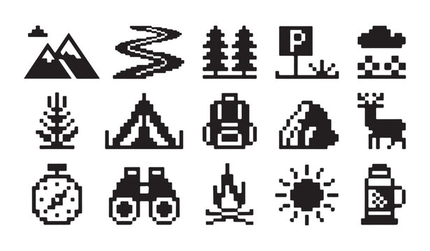 Camping pixel icons set with mountains forest tent and hiking gear for outdoor adventure map.