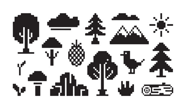 Nature landscape pixel elements set with trees mountains clouds and forest animals graphics.