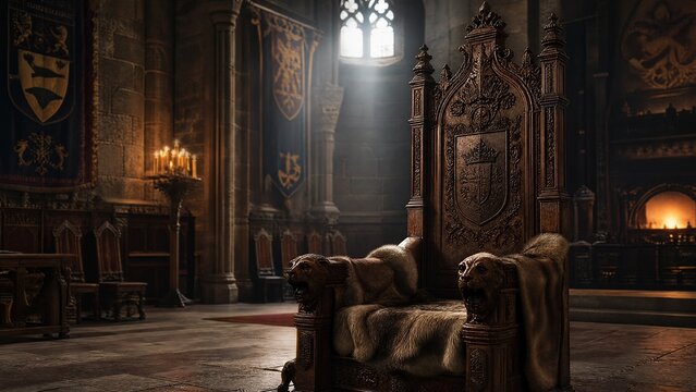 throne. Empty ornate throne in a castle hall, dramatic light from a high window. real-estate listings, architecture portfolios, designed for real-estate listing and luxury residence showcases.