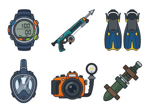 A collection of essential underwater gear including a digital watch, spear gun, fins, mask, camera, and a regulator, perfect for avid diving enthusiasts ready to explore.