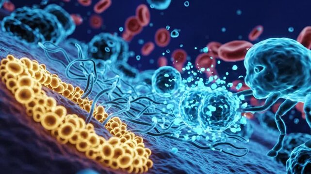 Microscopic visualization of the body healing itself as blue immune system cells attack a yellow virus pathogen, 3D medical science explainer