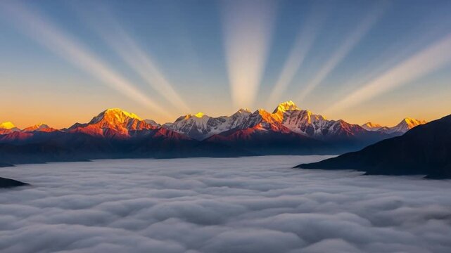 Majestic Sunrise Over Mountain Peaks Above Sea of Clouds with Crepuscular Rays for Inspirational Backgrounds and Travel Concepts