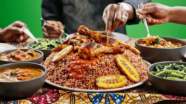 Vibrant African Jollof Rice Dish Garnished With Grilled Chicken And Assorted Side Dishes Set Against A Green Background For Dining Experience