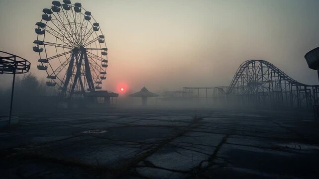 Abandoned amusement park with ferris wheel and roller coaster in thick fog at sunset, eerie post-apocalyptic atmosphere for horror and urban exploration concepts