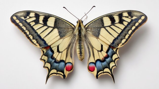 Majestic papilio machaon butterfly isolated on white background with vibrant yellow and black patterned wings, detailed tropical insect macro close up, elegant natural symmetry and exotic wildlife bea
