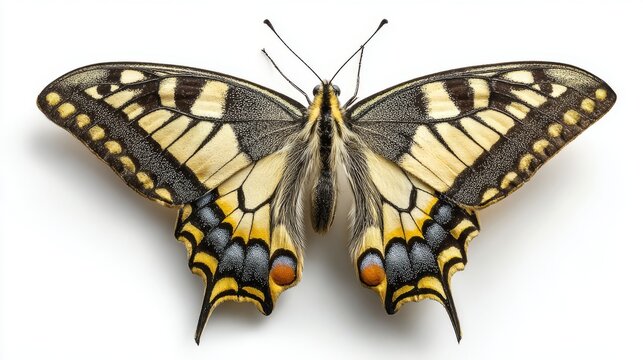 Majestic papilio machaon butterfly isolated on white background with vibrant yellow and black patterned wings, detailed tropical insect macro close up, elegant natural symmetry and exotic wildlife bea