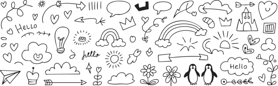 doodle sketch element sun stars speech bubbles paper airplane bulb set