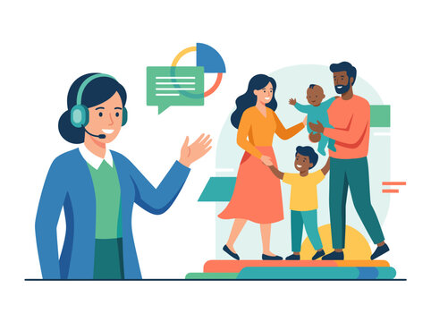 This dynamic illustration captures a friendly customer support representative engaging with a happy family, representing the themes of connection, care, and service in a modern context.