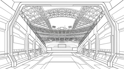 Futuristic Sci-Fi Stadium Interior Line Art Illustration. © Nadia Putri