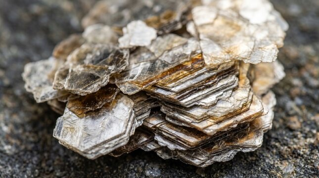 Mica Mineral Crystals Cluster on Dark Surface