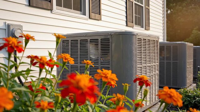 Air conditioning units near house with flowers ideal for eco-friendly campaigns and travel vlogs