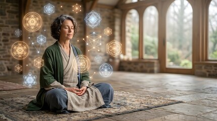 Obraz premium Mature woman meditating with sacred geometry symbols in a bright studio