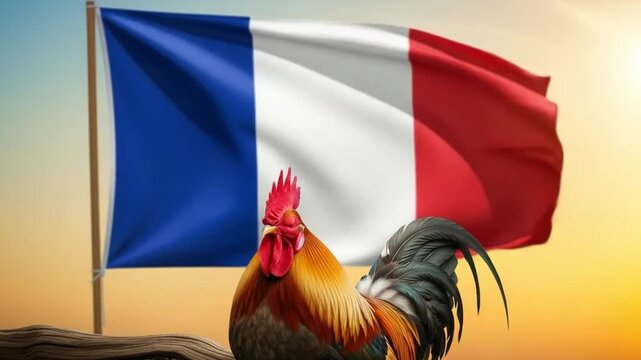 Gallic Rooster Symbol of France Standing Proudly Before a Waving French Flag National Identity Concept for Patriotic Holidays and Cultural Heritage Celebrations