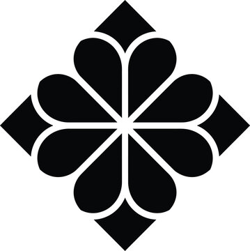Elegant black vector icon featuring a four-petal quatrefoil flower with heart-shaped lobes framed by diamond corner accents