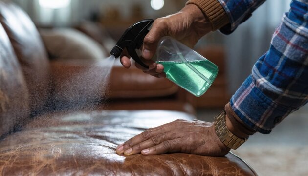 Closeup of expert using deodorizing spray on a wornout leather sofa main focus on hands and spray bottle with faded room behind.
