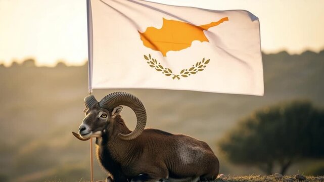 Cypriot Mouflon Sheep Resting in Nature with National Flag Background, Symbol of Mediterranean Wildlife Conservation and Patriotism, High Quality Animal Portrait