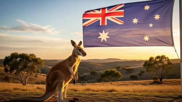Majestic kangaroo standing in the Australian outback at sunset with a national flag flying, representing Australian wildlife, national pride, and travel tourism concepts