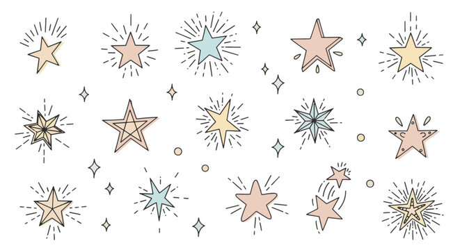 Collection of hand-drawn star illustrations in diverse shapes and styles, featuring whimsical celestial doodles for digital scrapbooking, stickers, and decorative design elements.