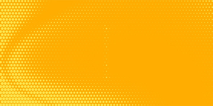 Yellow halftone pattern. Retro comic gradient background. Bright orange pixelated dotted texture overlay. Cartoon pop art faded gradient pattern.